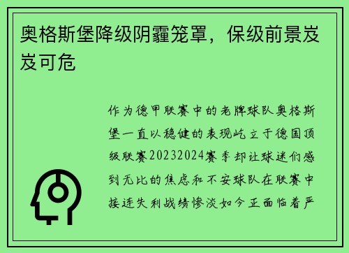 奥格斯堡降级阴霾笼罩，保级前景岌岌可危